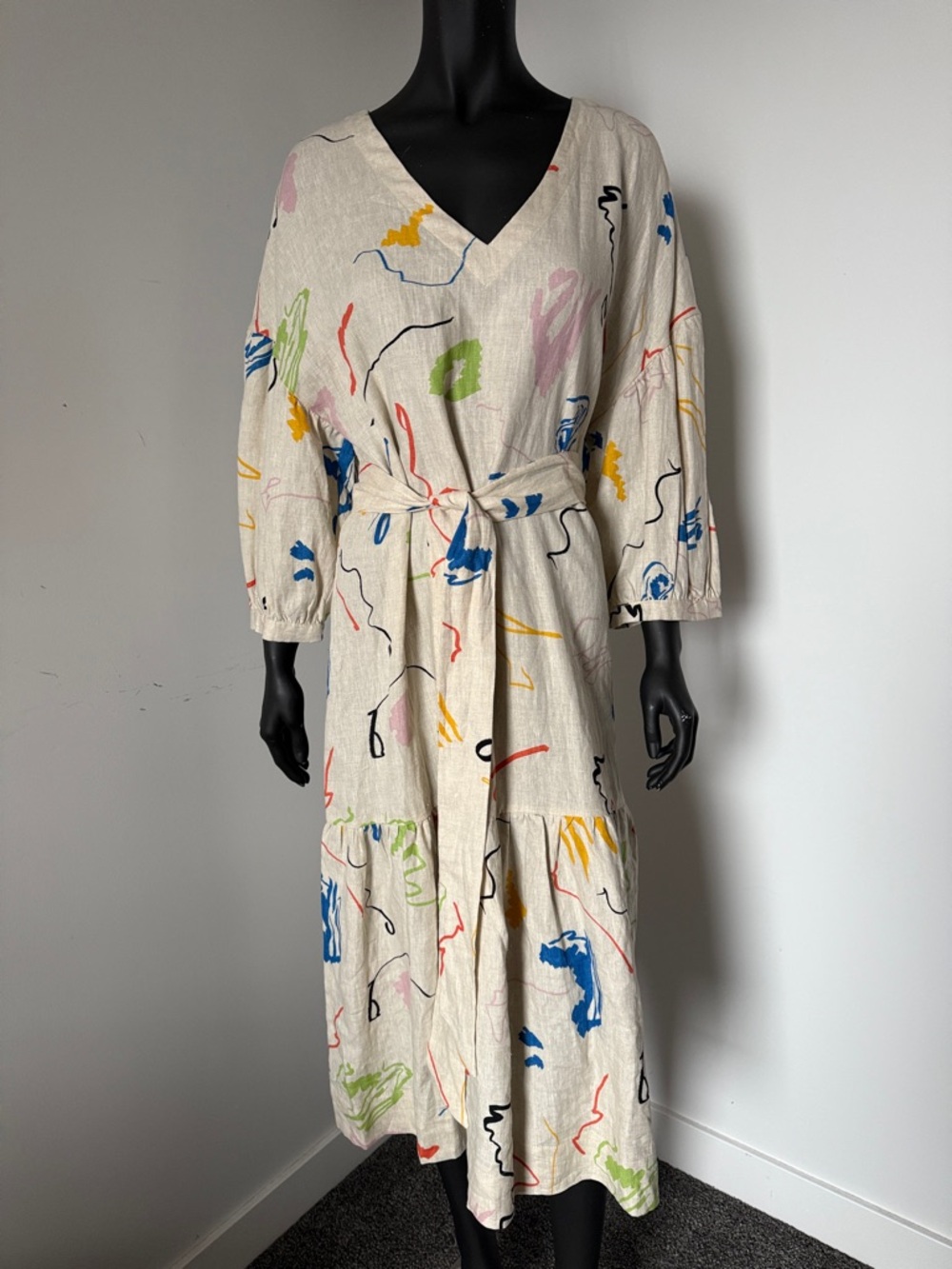 251. Gorman 100% Linen Artistic Midi Dress With Tie